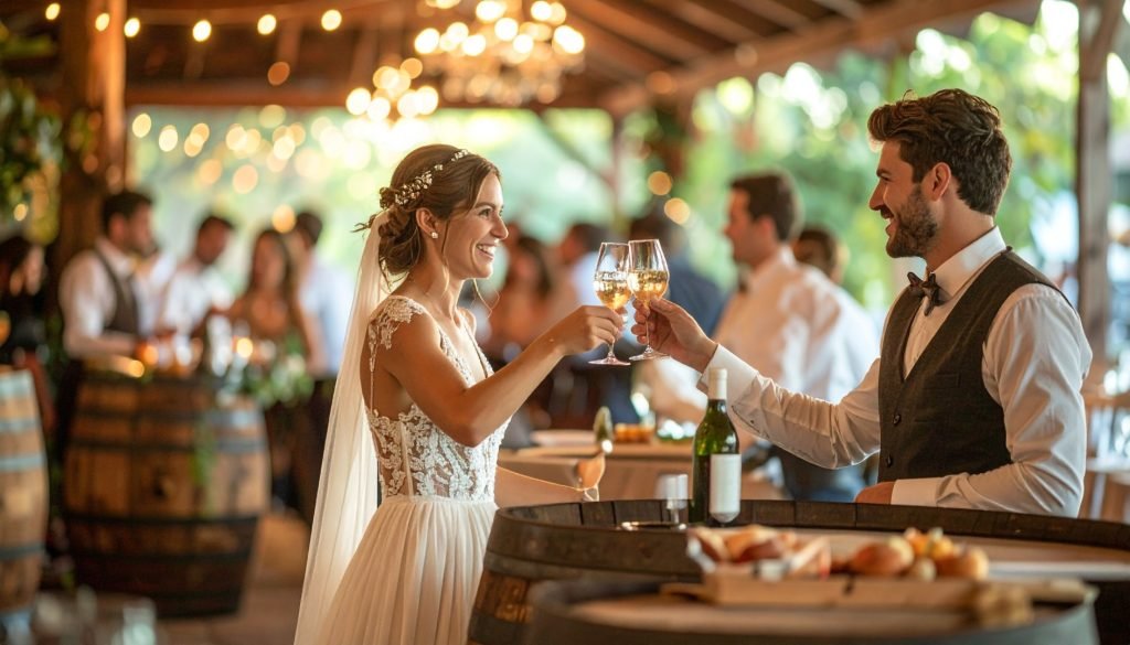 Le vin d'honneur de votre mariage, avec des tonneaux en guise de mange-debout
